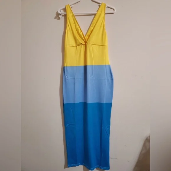 blue and yellow color block dress Colourblock Sleeveless Dress – SaturdayClub International main image 0